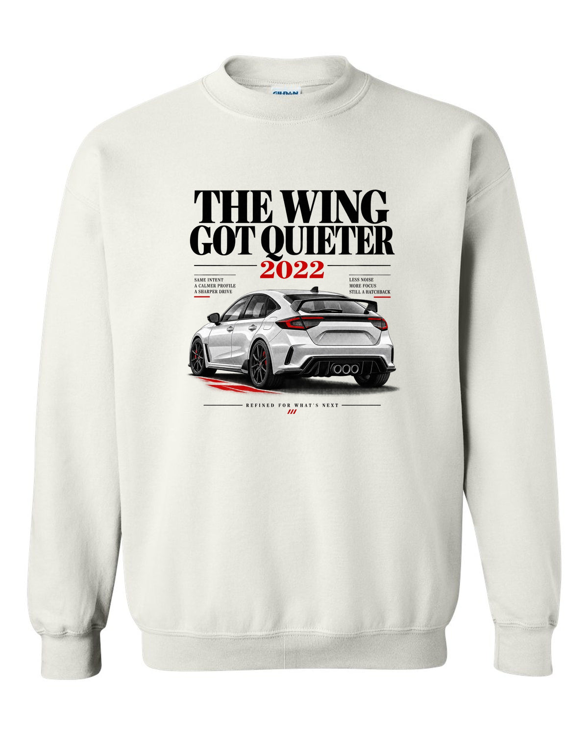 Honda Civic FL5 chback editorial headline design about the quieter rear wing white crewneck front view with the design