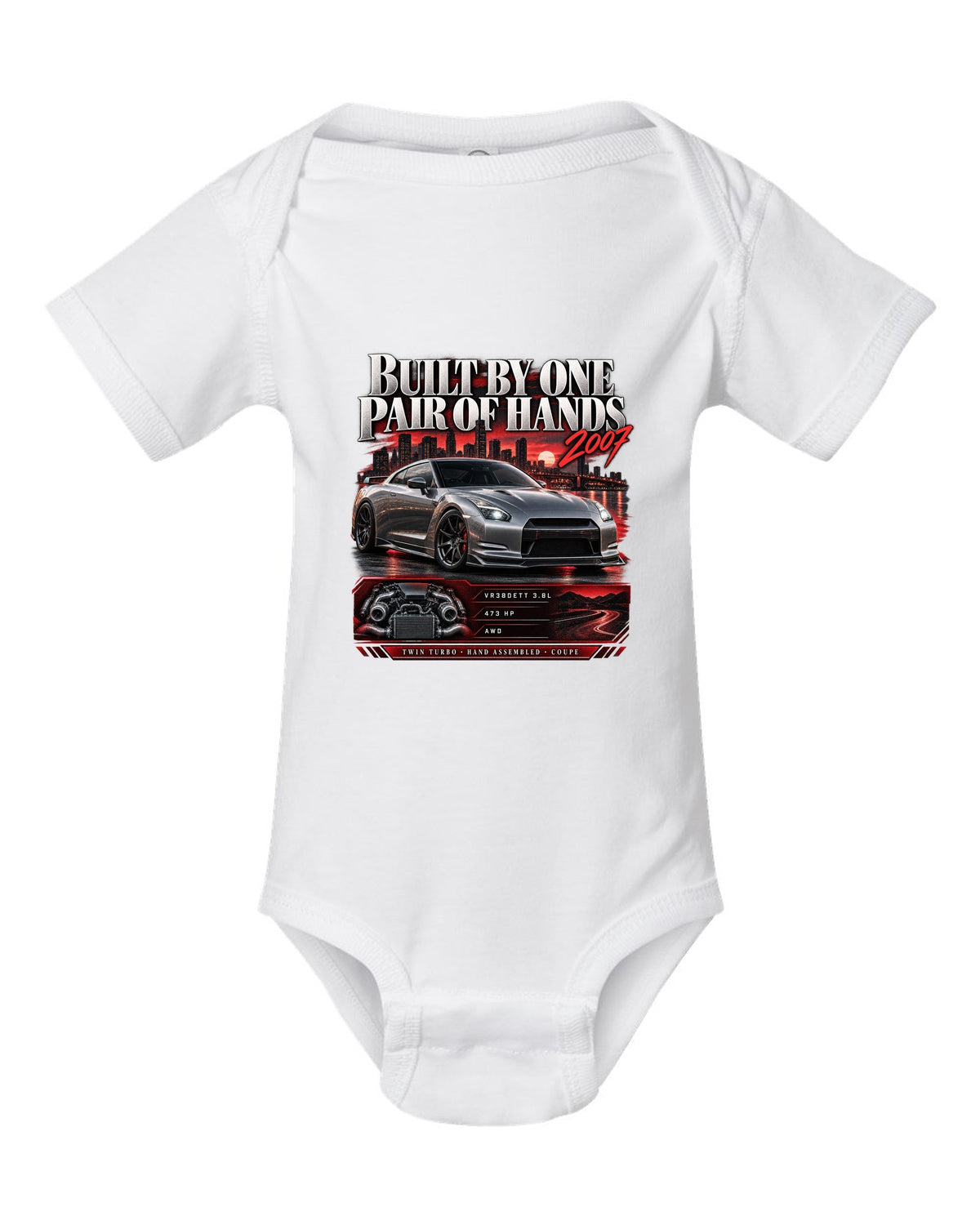 Archive panel of a Nissan GT-R R35 with VR38DETT 3.8L, 473 hp and hand assembled lettering white baby onesie front view with the design