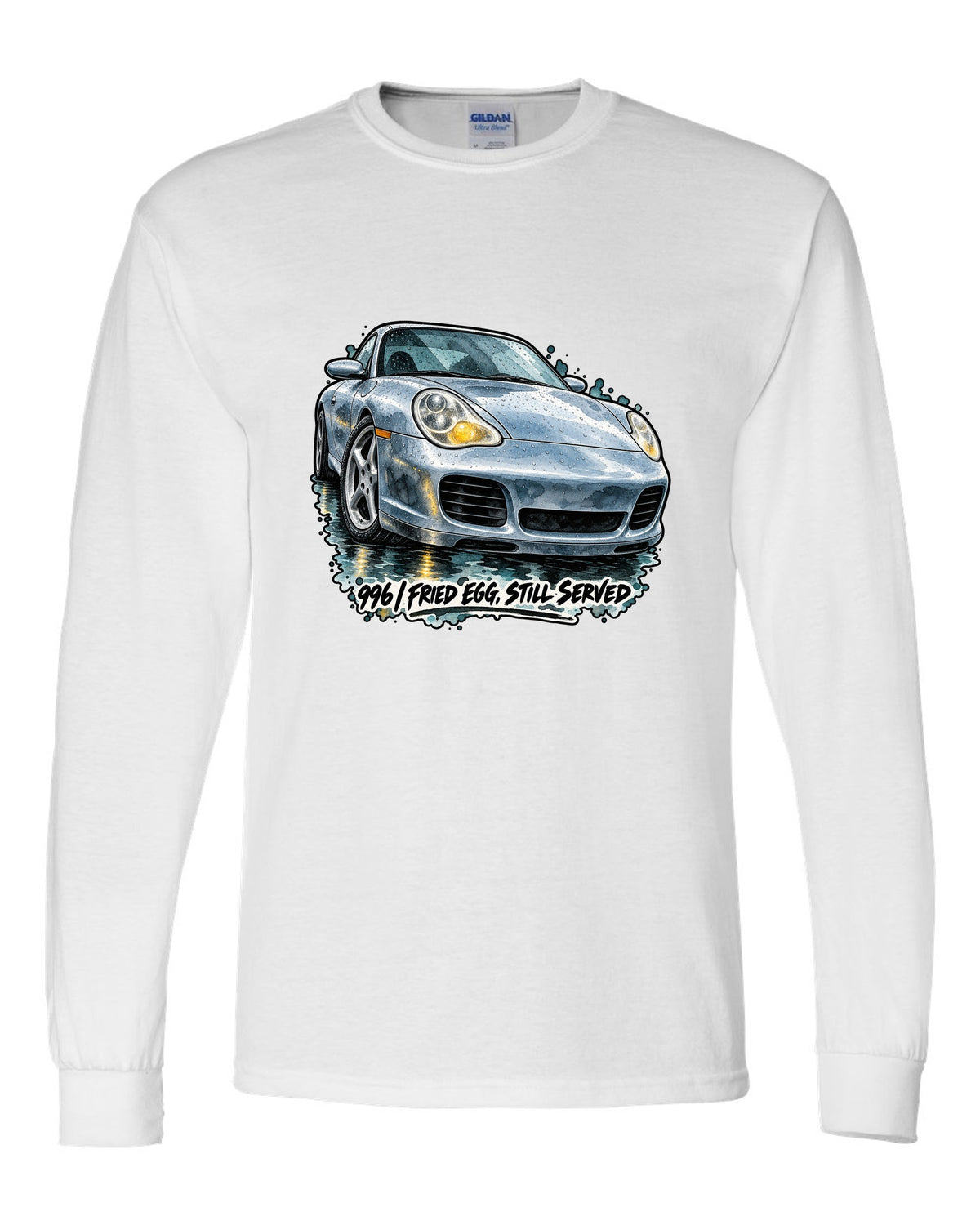 Watercolour ink wash of a Porsche 911 996 on a wet road white long sleeve front view with the design
