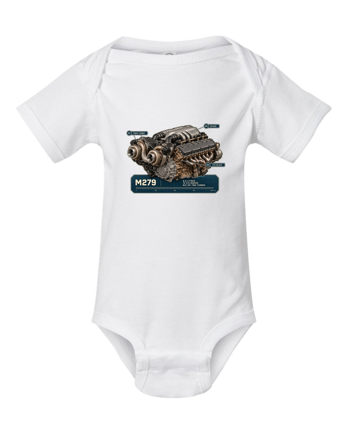 Mercedes-Maybach S680 M279 6.0 litre V12 biturbo engine hero print white baby onesie front view with the design