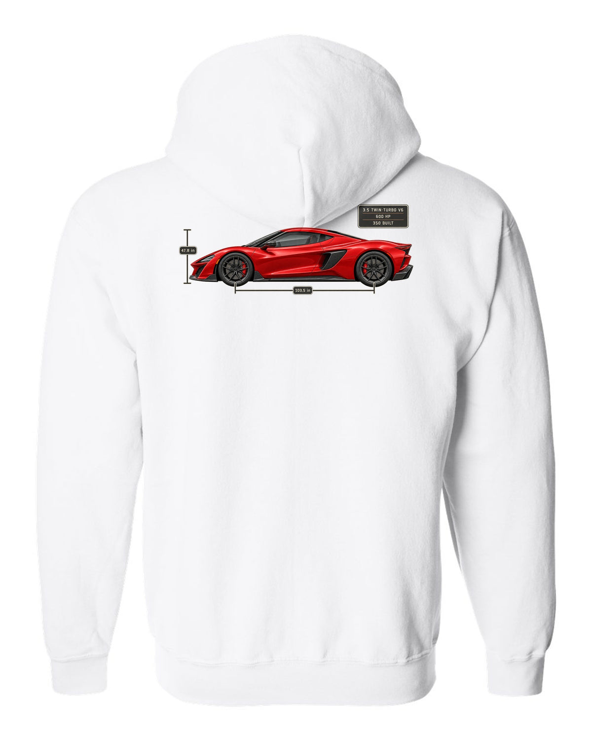 Acura NSX NC1 Type S Side Dimension Blueprint Tee, Car Gift white zip hoodie back view with the design
