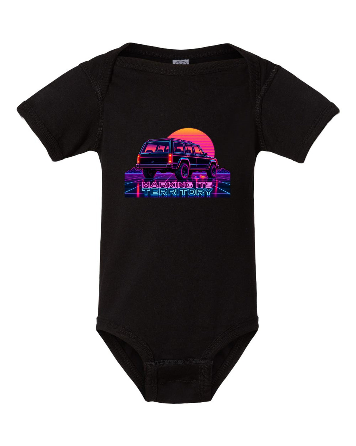 Neon synthwave print of a Jeep Cherokee XJ with the words Marking Its Territory black baby onesie front view with the design