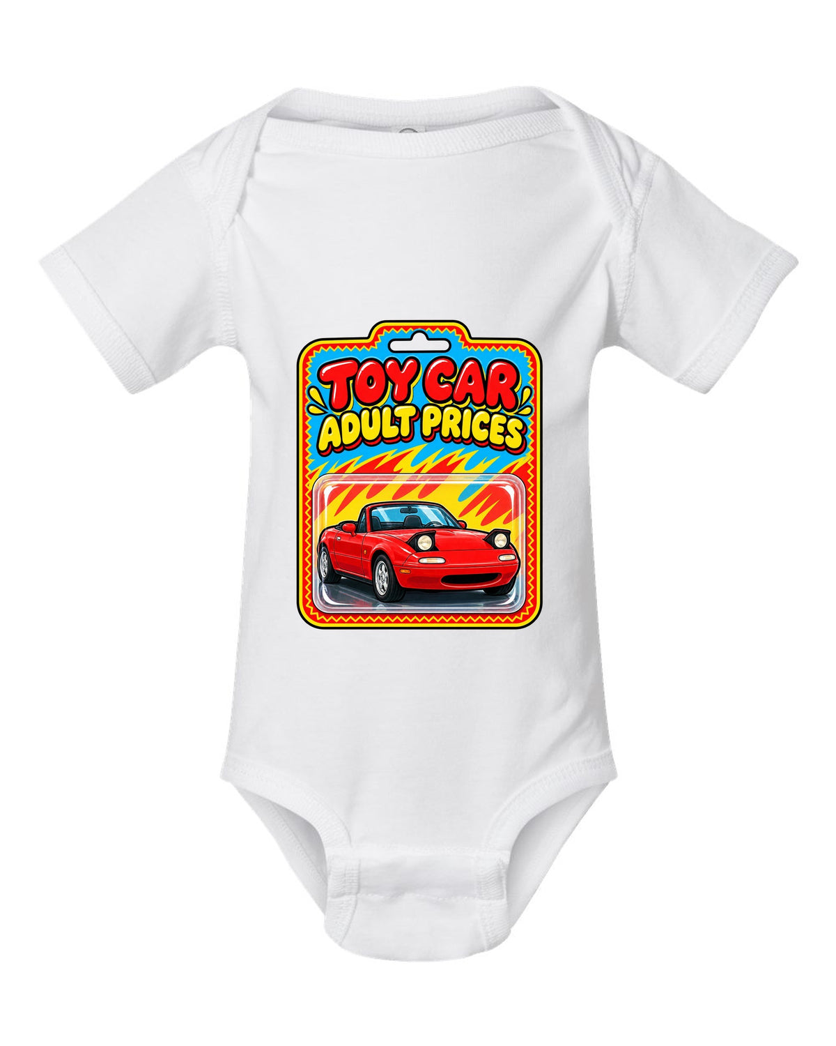 Toy car blister card style illustration of a Mazda MX-5 NA with adult prices text white baby onesie front view with the design