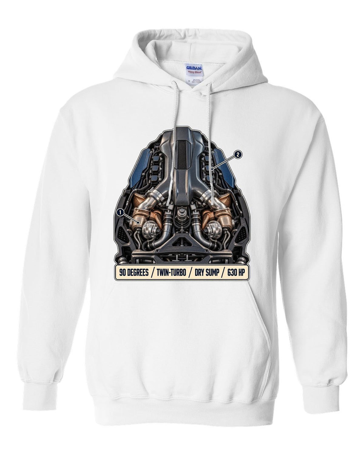 Maserati MC20 Nettuno V6 engine hero illustration, print white pull over hoodie front view with the design