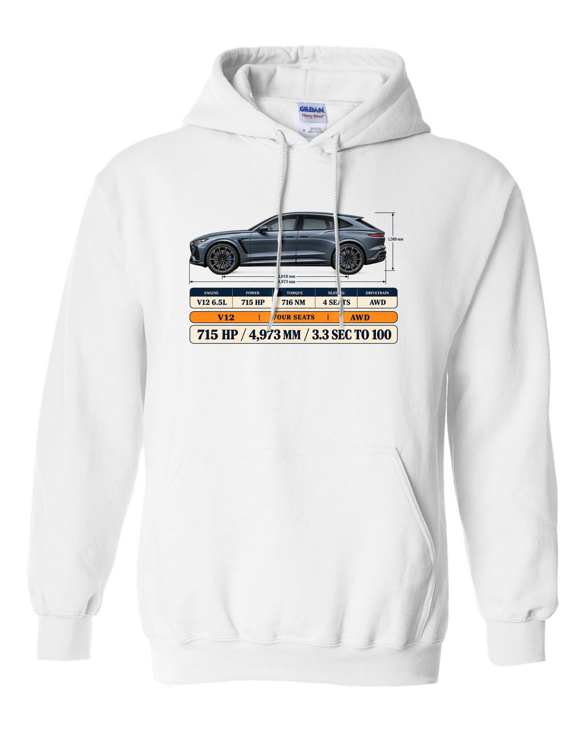 Spec poster print of the Ferrari Purosangue with power and length figures white pull over hoodie front view with the design