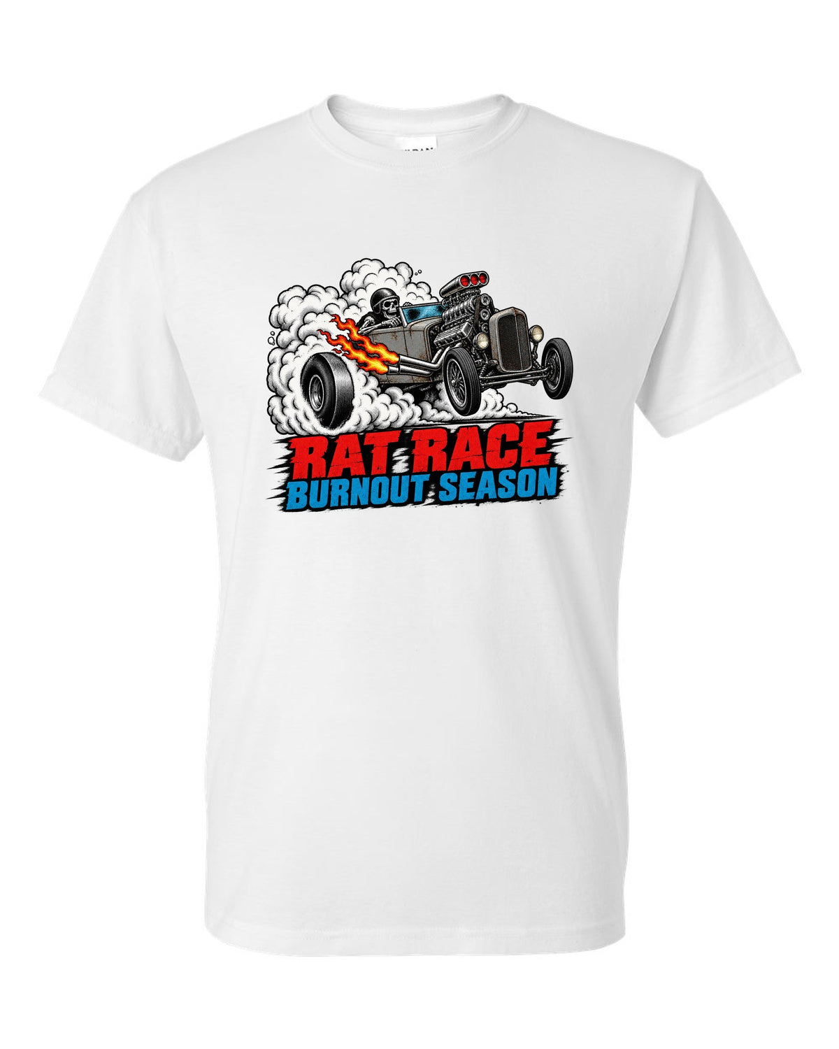 Halftone screenprint print of a primer-grey rat rod roadster in tyre smoke with Burnout Season lettering white t-shirt front view with the design