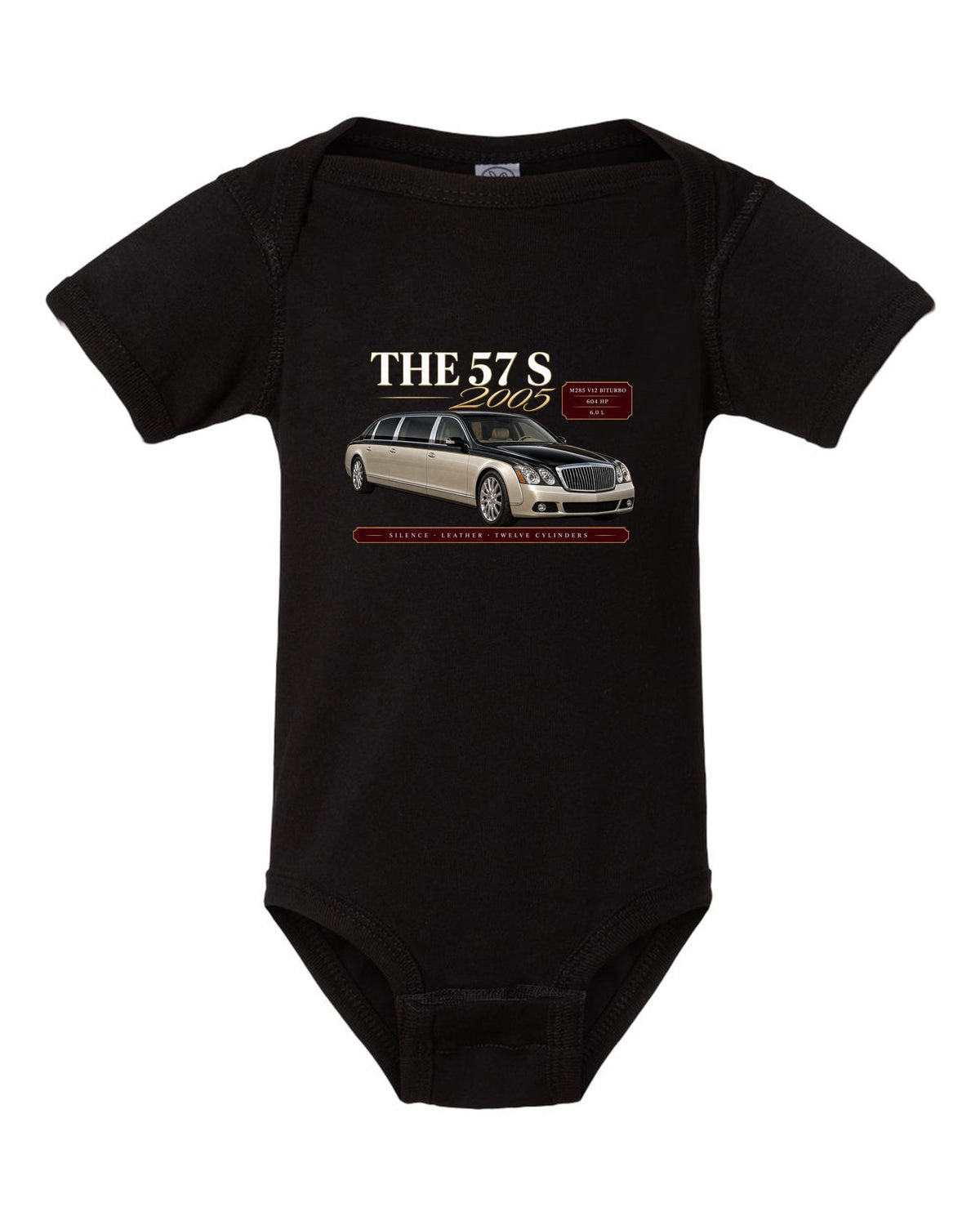 print archive panel of a Maybach 57 S W240 with text silence, leather, twelve cylinders black baby onesie front view with the design