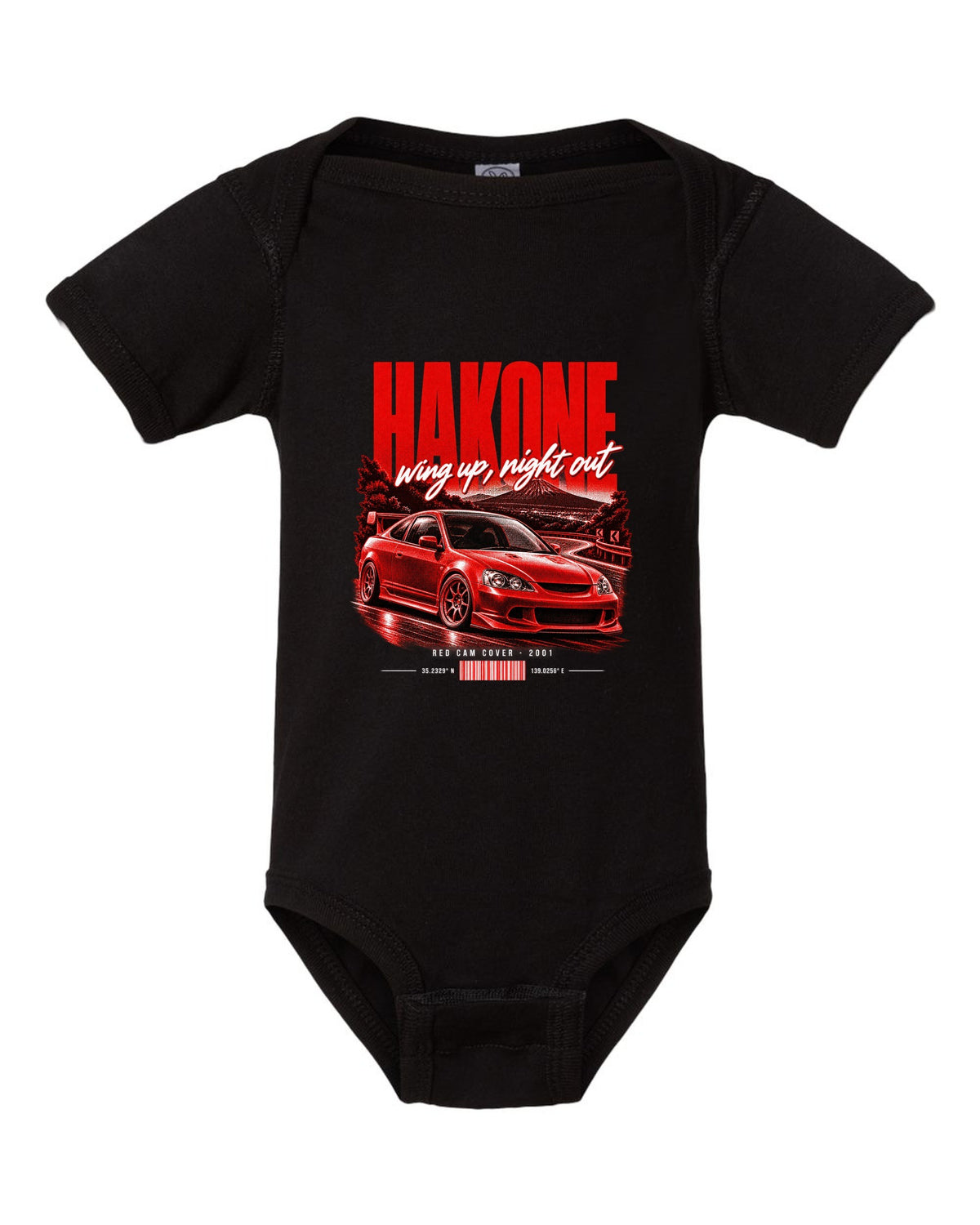 Honda Integra DC5 Type R chback street poster with Hakone and red cam cover text black baby onesie front view with the design