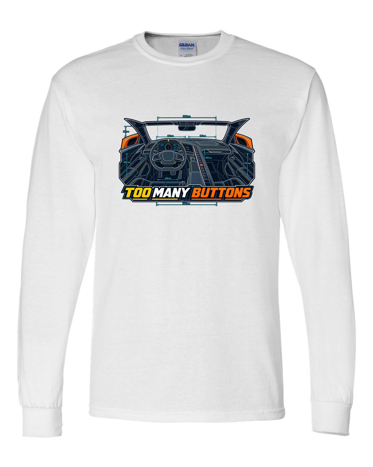 Blueprint line art print of a Chevrolet Corvette C8 Stingray cockpit with Too Many Buttons text white long sleeve front view with the design