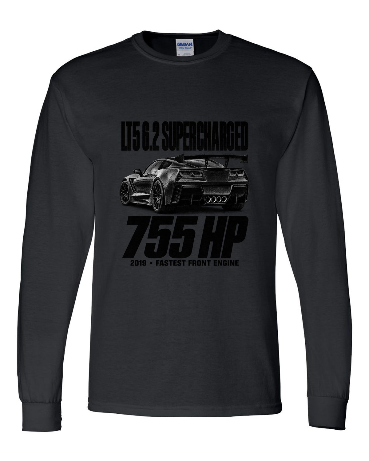 Corvette C7 ZR1 2019 halftone print with rear wing and vents black long sleeve front view with the design