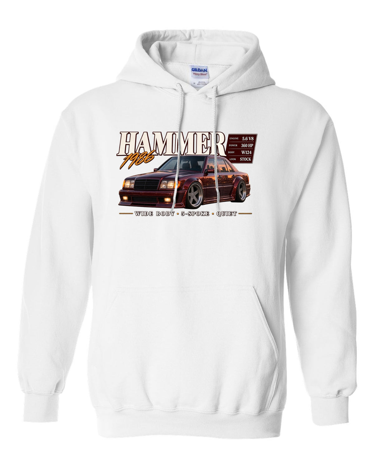 print archive panel of a Mercedes W124 300E 5.6 Hammer with text 5.6 V8 sleeper wide body white pull over hoodie front view with the design
