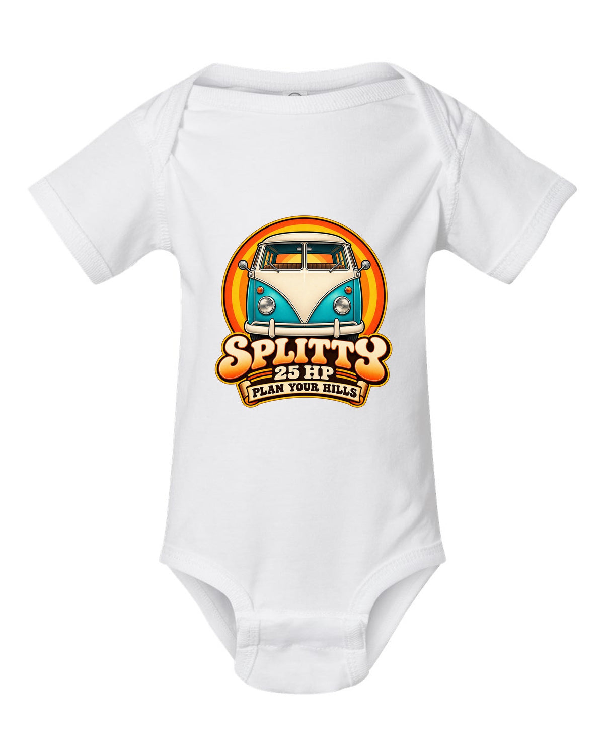 80s airbrush chrome style VW Bus T1 Type 2 Splitty with 25 HP plan your hills text white baby onesie front view with the design
