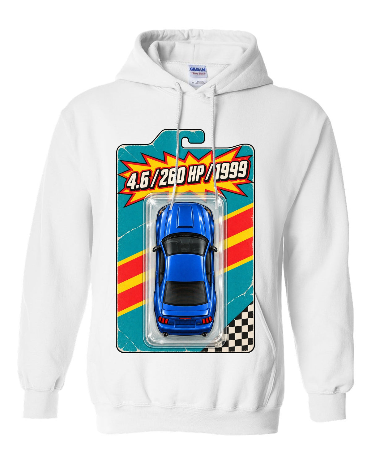 Toy blister card layout of a 1999-2004 New Edge Ford Mustang coupe with 4.6 260 HP text white pull over hoodie front view with the design