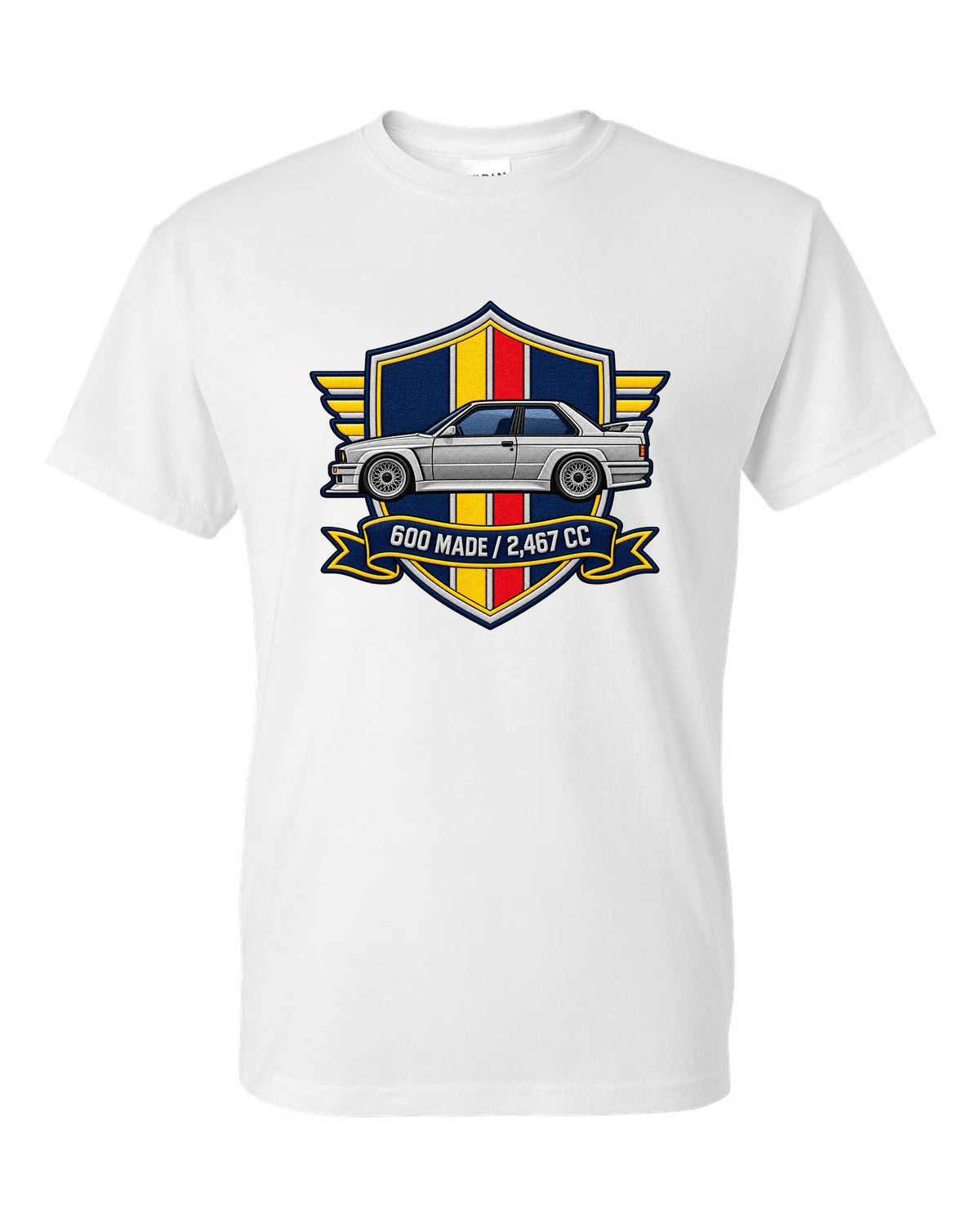 Varsity crest style print of a BMW E30 M3 Sport Evo with 600 made and 2,467 cc text white t-shirt front view with the design