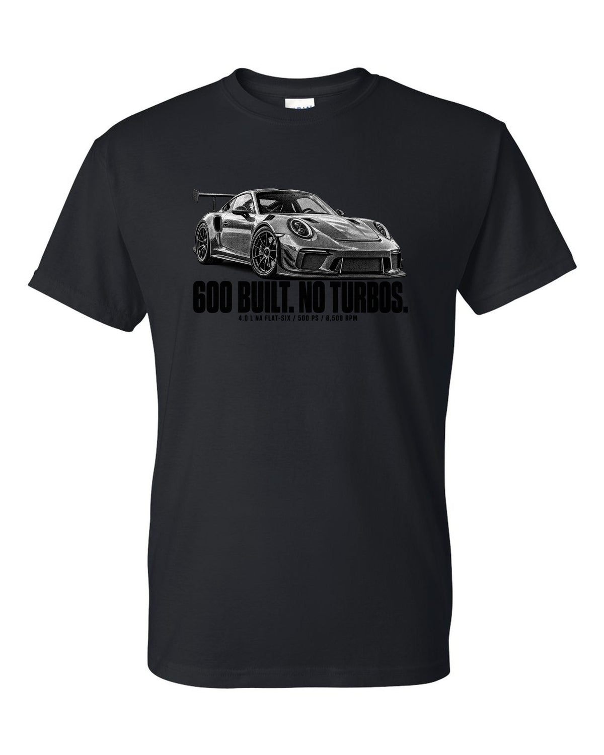 Halftone print of a Porsche 911 997 GT3 RS 4.0 with 600 built and 8,500 rpm lettering black t-shirt front view with the design