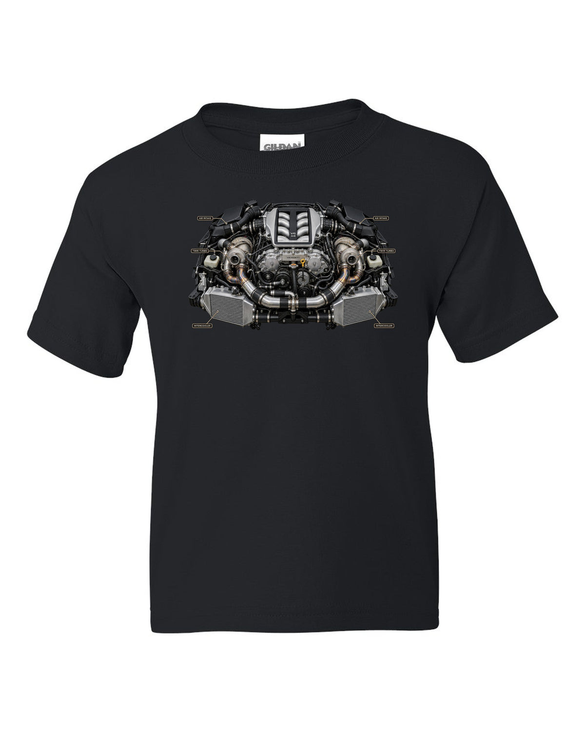 Nissan GT-R R35 Nismo three-view spec table print in graphite grey and red black kids tee front view with the design