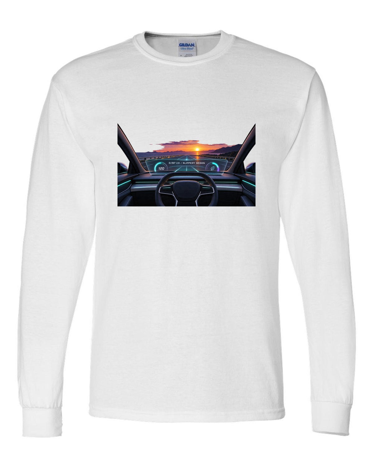 Lucid Air Sapphire gauge cluster HUD print with the text 0.197 Cd slippery sedan white long sleeve front view with the design