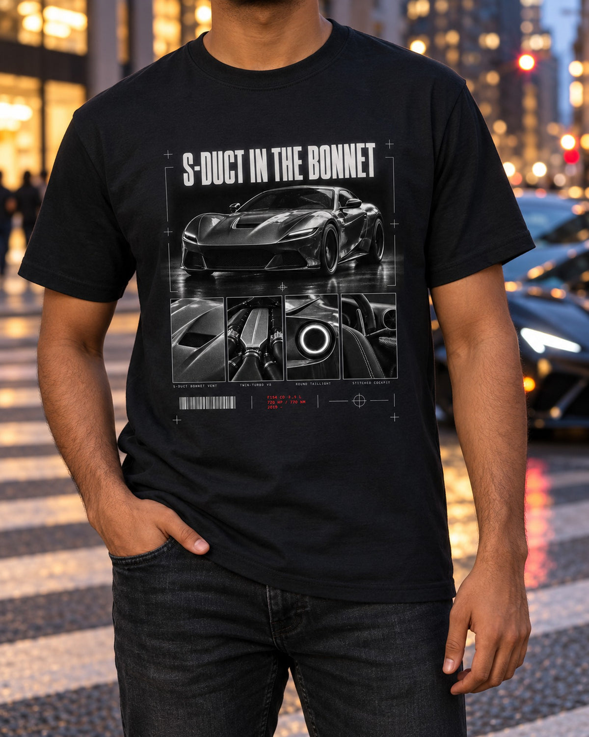 Ferrari F8 Tributo S-Duct Dossier Panel Shirt, 720 PS T-Shirt Black worn hero