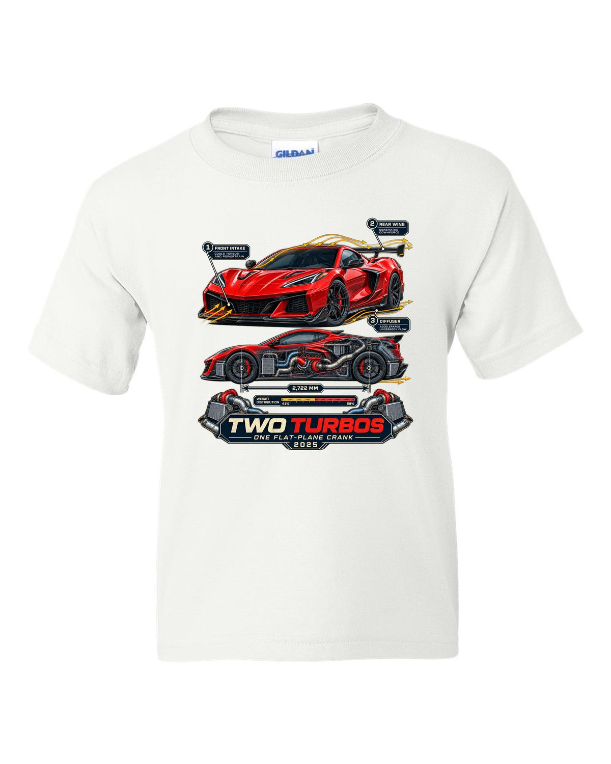 print of a Chevrolet Corvette C8 ZR1 cutaway with callouts for twin turbos and flat-plane crank white kids tee front view with the design