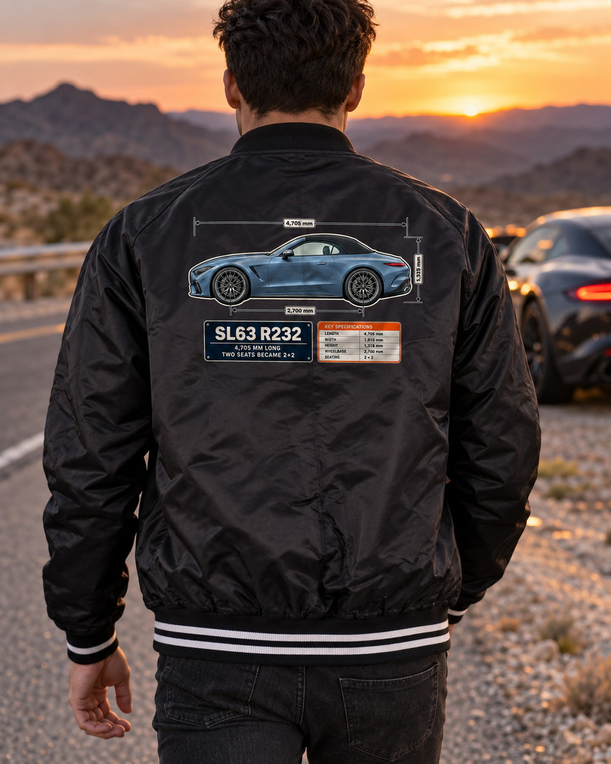 Mercedes-AMG SL63 R232 Dimension Blueprint Shirt, 2+2 Roadster Tee Bomber Jacket Black worn hero