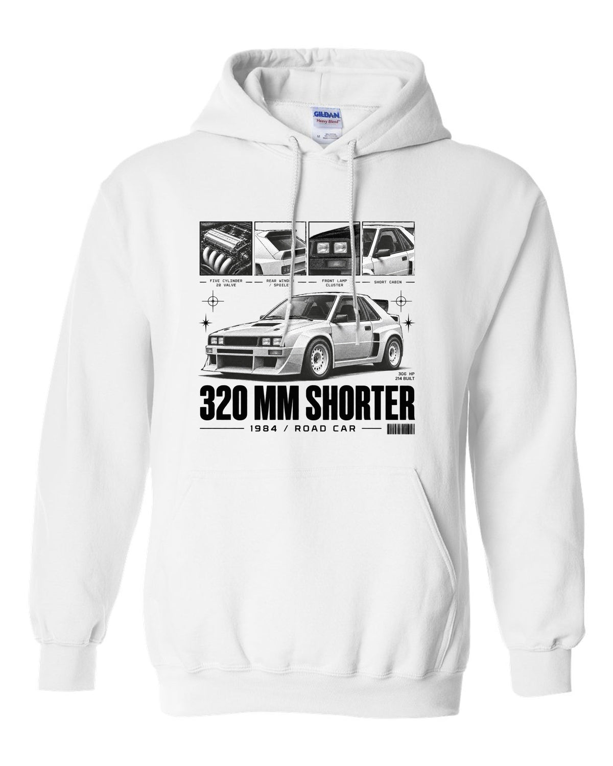 Audi Sport Quattro SWB 1984 Dossier white pull over hoodie front view with the design