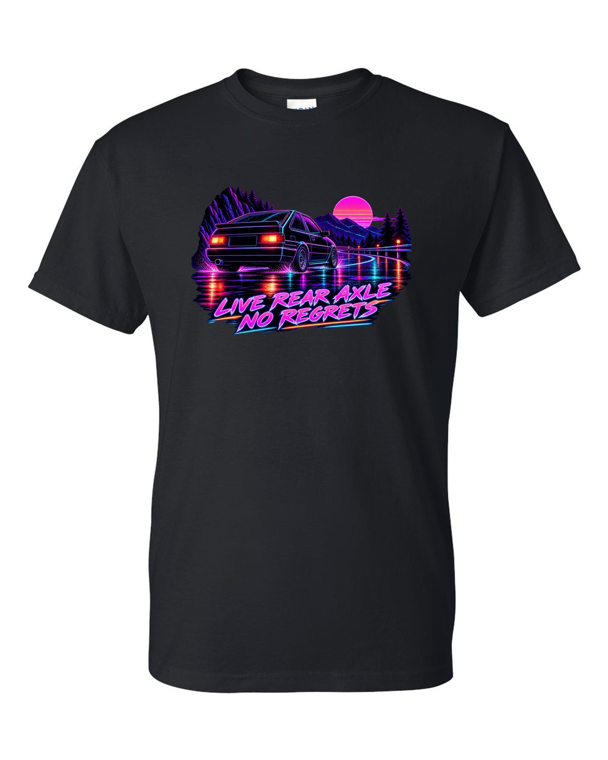 Neon synthwave line art print of a Toyota Corolla Levin AE86 with Live Rear Axle lettering black t-shirt front view with the design