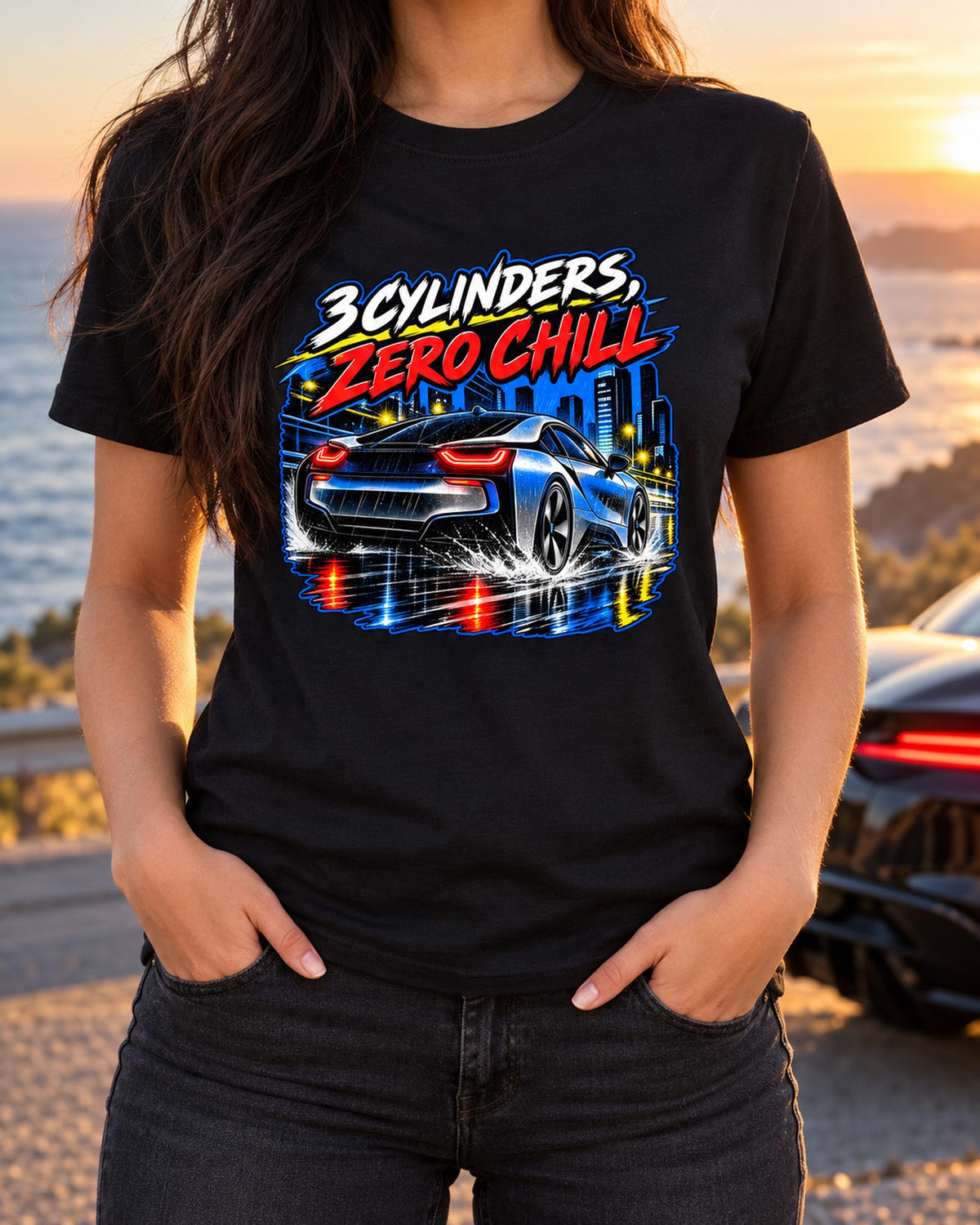 BMW i8 I12 Retro Manga Panel Tee, 3 Cylinders Zero Chill T-Shirt Black worn hero