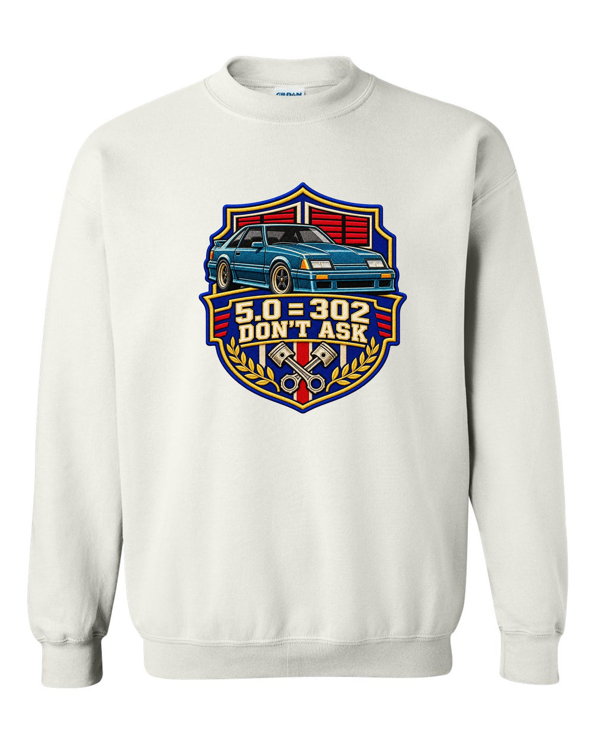 Embroidery-style varsity drag crest print for a Ford Mustang Fox Body chback white crewneck front view with the design