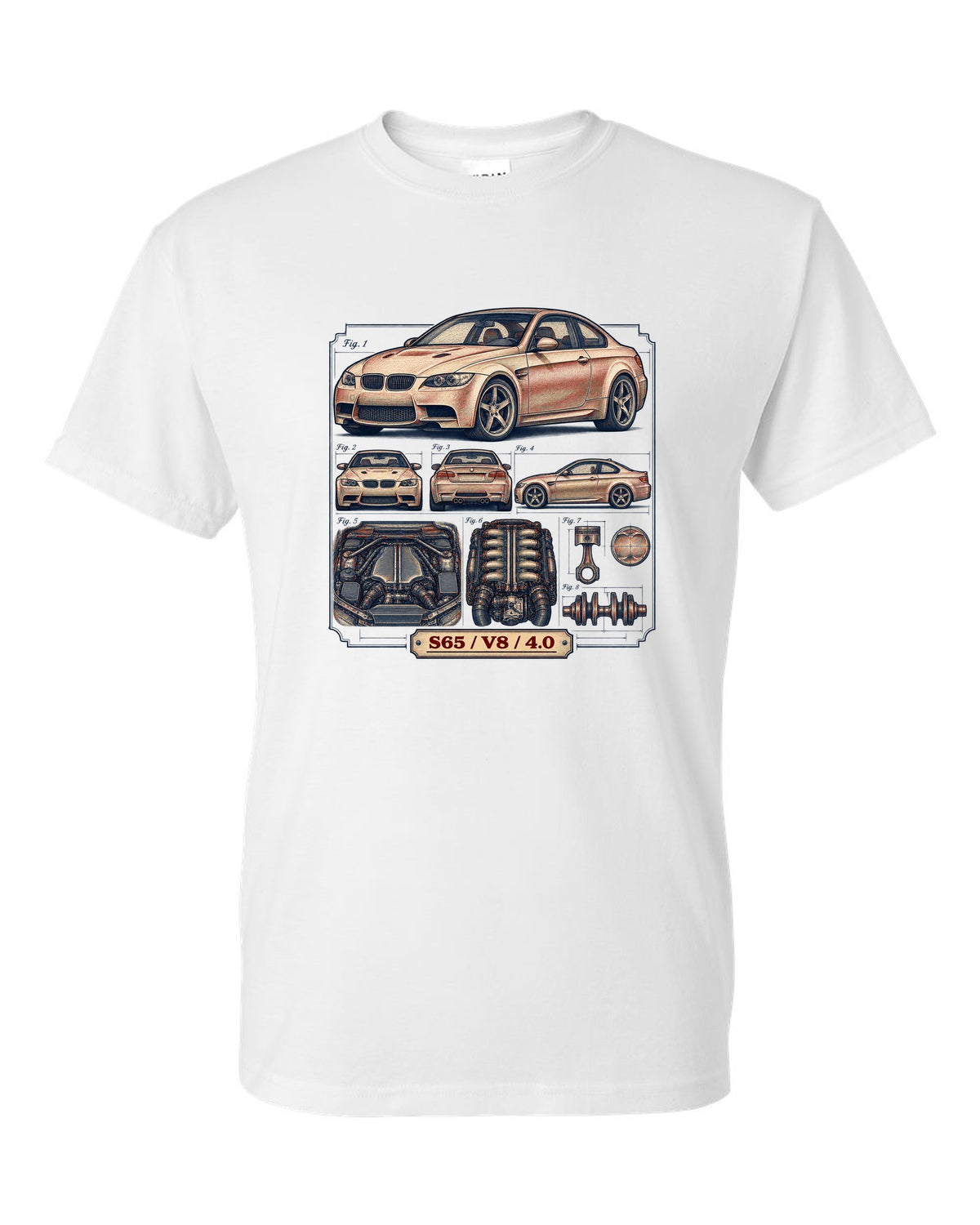 Blueprint patent line drawing of a BMW E92 M3 coupe with S65 V8 4.0 text white t-shirt front view with the design