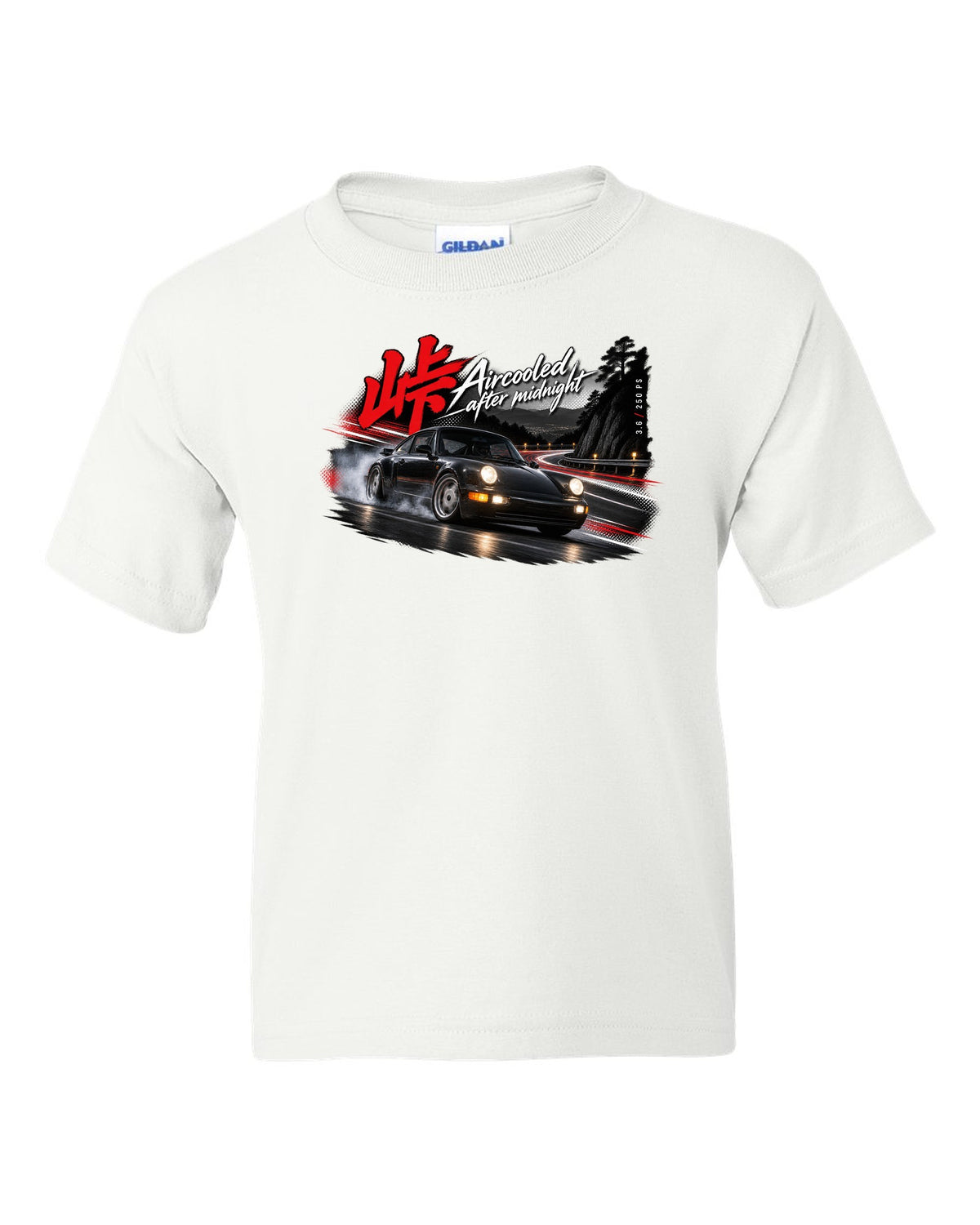 Touge night print of a Porsche 911 Carrera 2 (964) with the line Aircooled after midnight white kids tee front view with the design