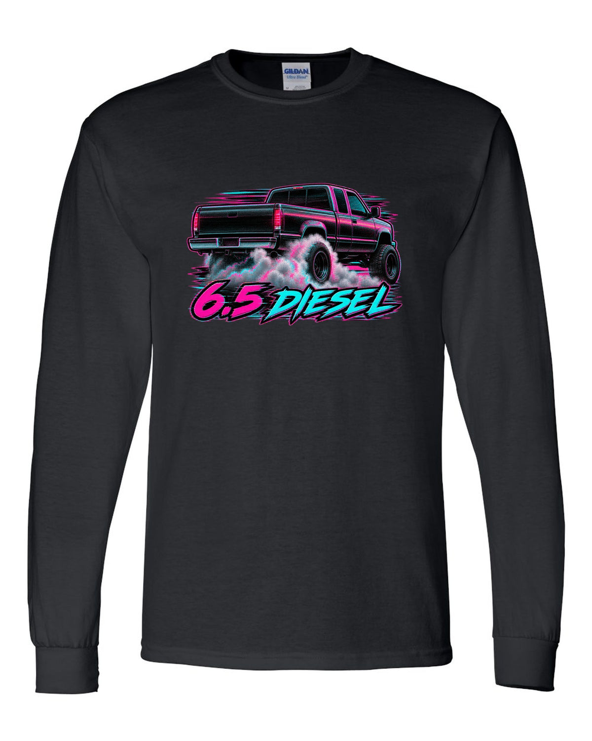 VHS glitch burnout print of a 1988-1998 Chevrolet GMT400 C2500 with 6.5 Diesel text black long sleeve front view with the design
