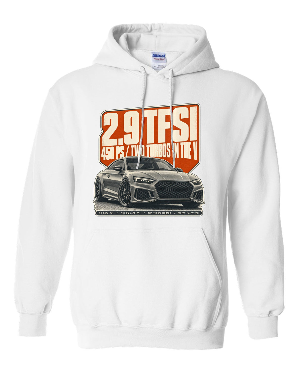 Halftone print of an Audi RS5 Coupe B9 with 2.9 TFSI and 450 PS text white pull over hoodie front view with the design