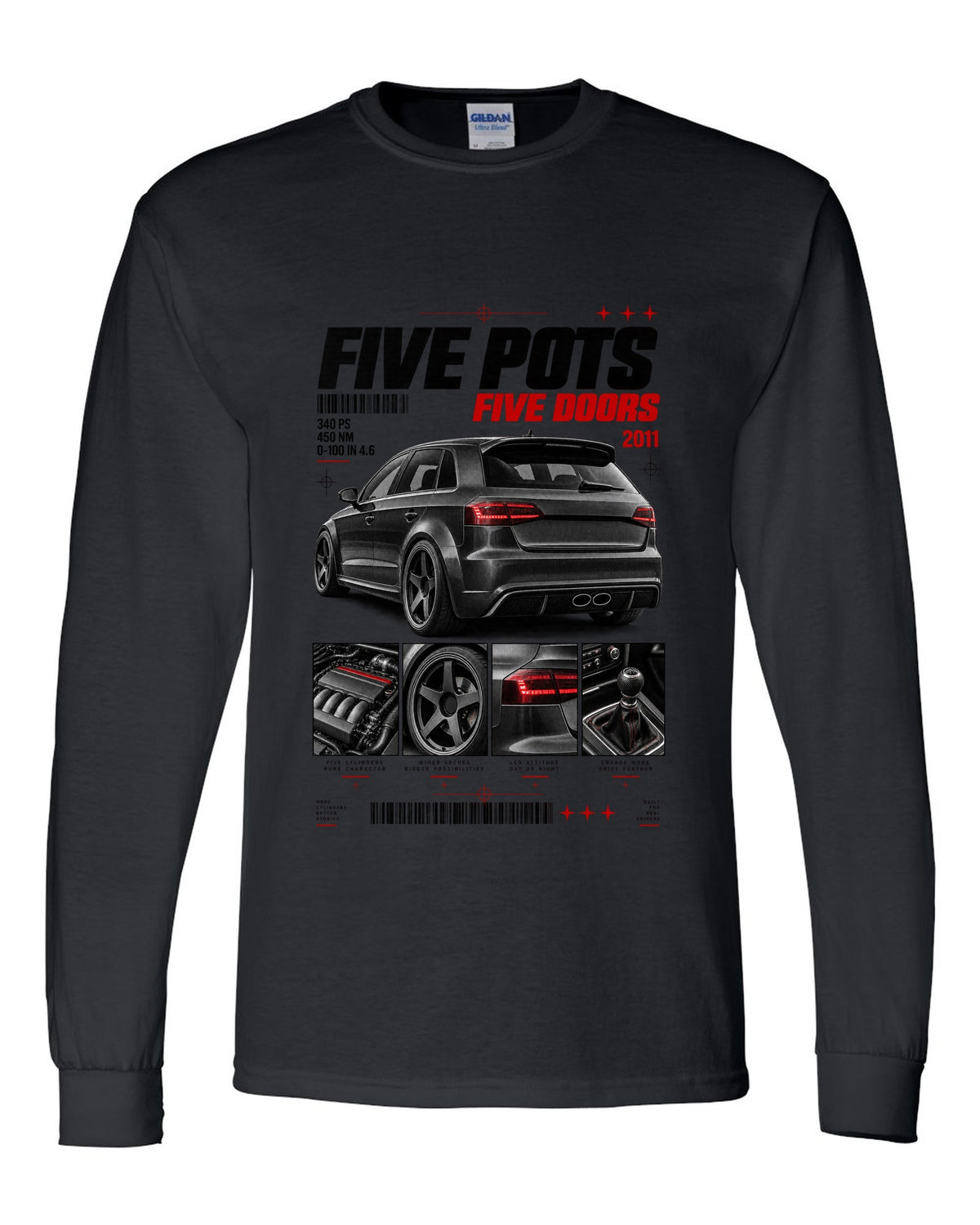 Audi RS3 Sportback 8P rear three-quarter in dossier panels with five pots text black long sleeve front view with the design