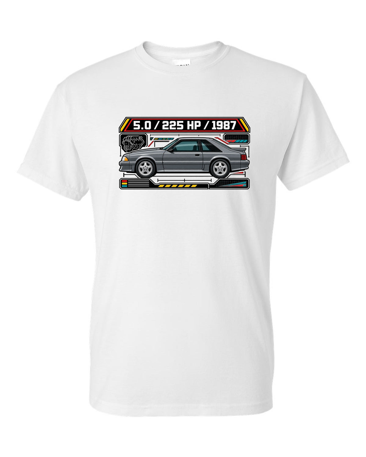 Spec-sheet data plate print of a 1987 Ford Mustang Fox Body GT chback white t-shirt front view with the design