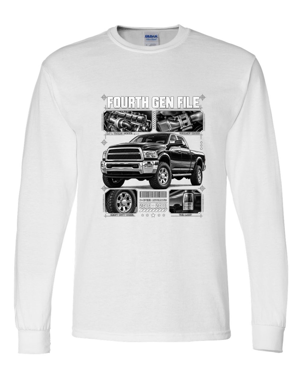 Blueprint dossier print of a 2010-2018 Ram 2500 fourth generation turbo diesel pickup white long sleeve front view with the design