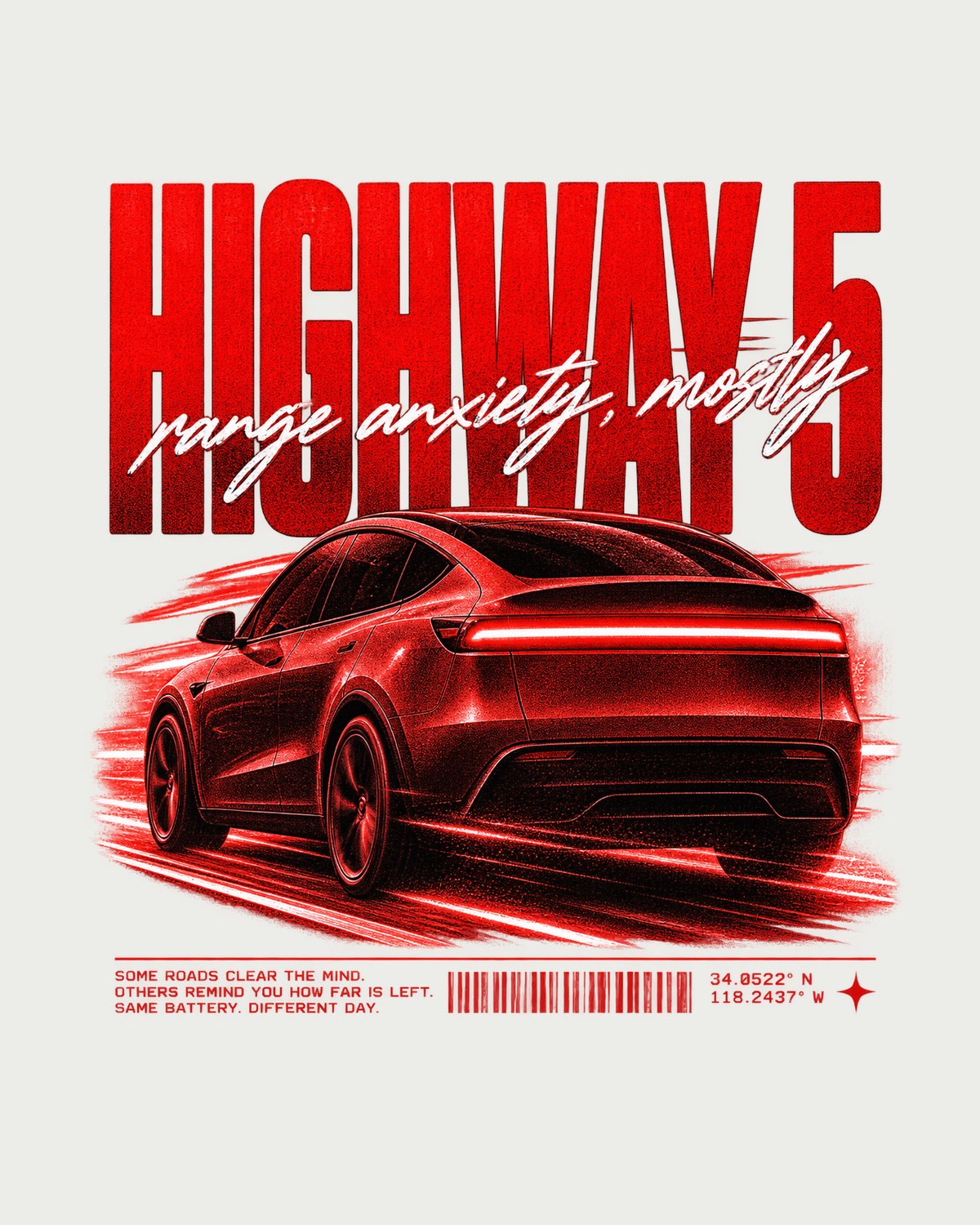 Tesla Model Y Juniper Highway 5 Poster Tee, Range Anxiety design only