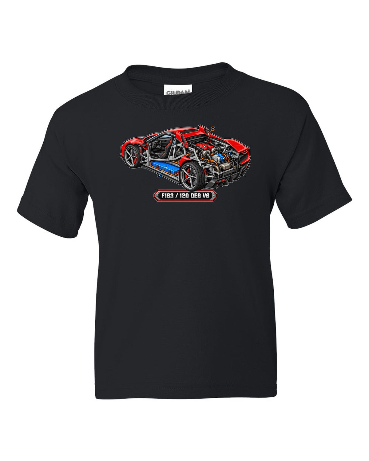 Isometric cutaway diorama of the Ferrari 296 GTB hybrid V6 engine black kids tee front view with the design