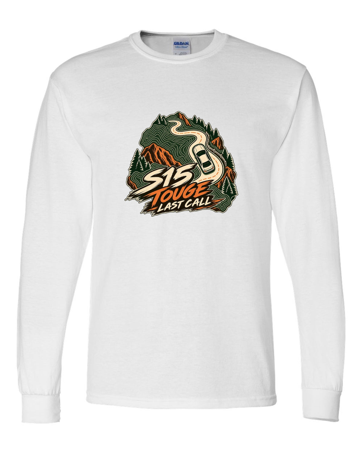Topographic contour map line art of a mountain road with a Nissan Silvia S15 white long sleeve front view with the design