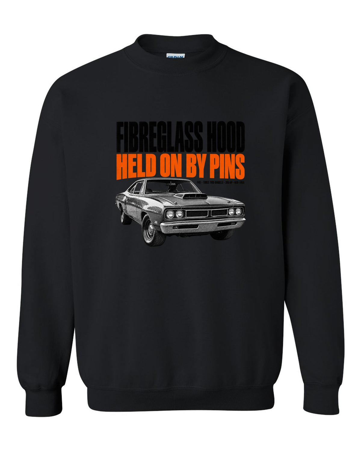 1969 Dodge Coronet Super Bee A12 hood halftone print with fibreglass hood and pins lettering black crewneck front view with the design