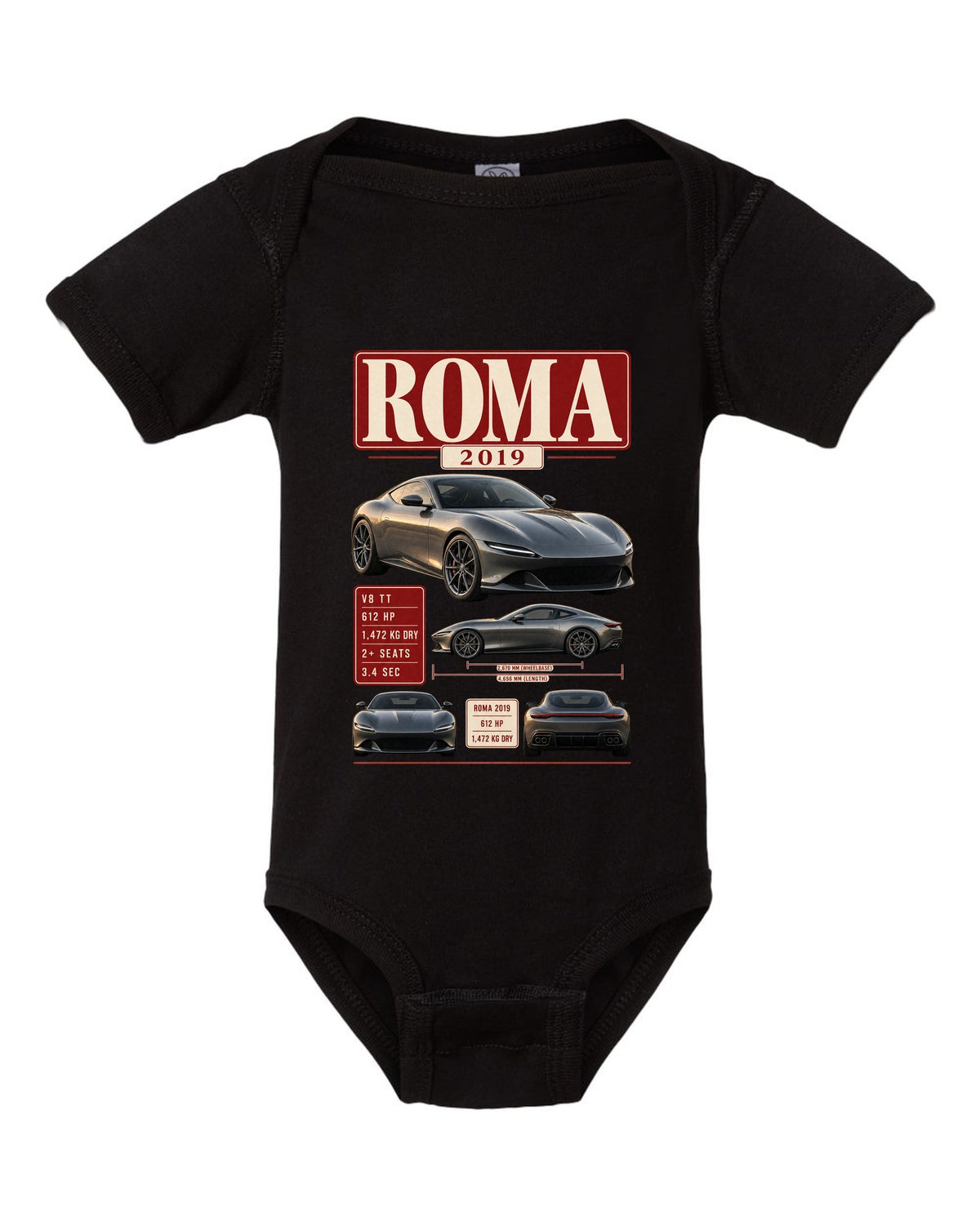 Archive panel print of the Ferrari Roma with 2019 spec text black baby onesie front view with the design