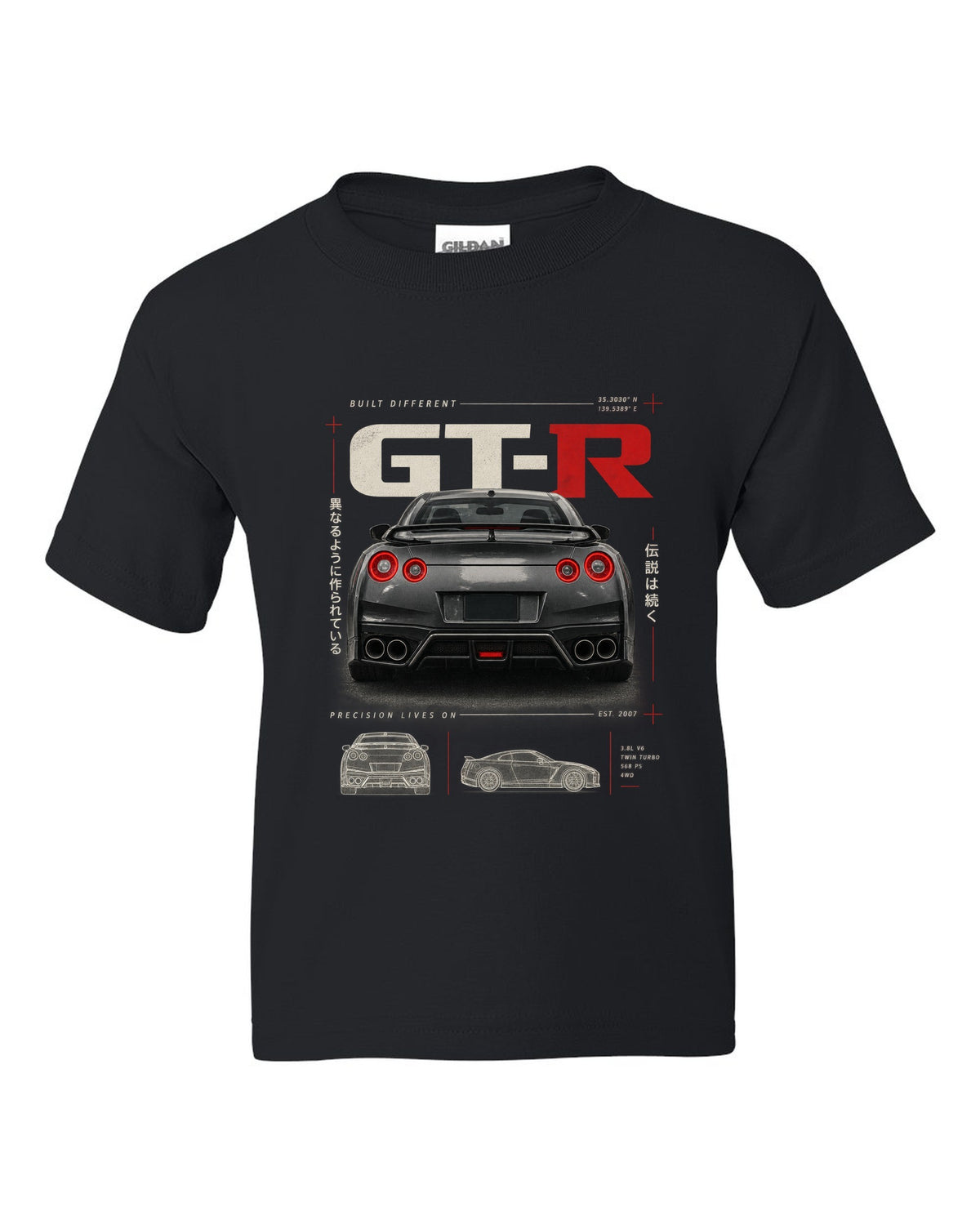 Toyota GR Supra A90 dimension blueprint in warm graphite grey with B58 spec callouts black kids tee front view with the design