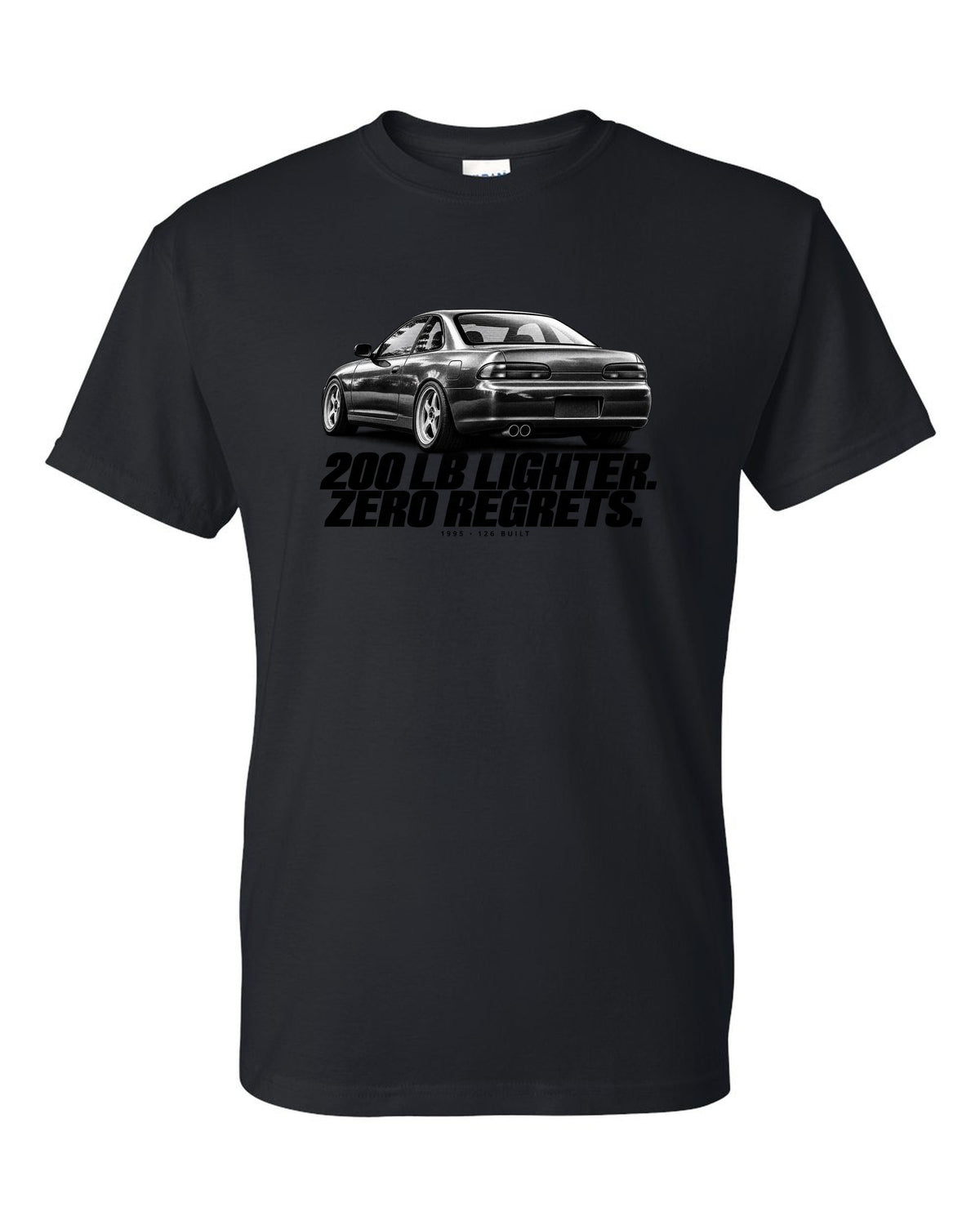 BMW E36 M3 Lightweight 1995 halftone print with 200 lb lighter and 126 built text black t-shirt front view with the design