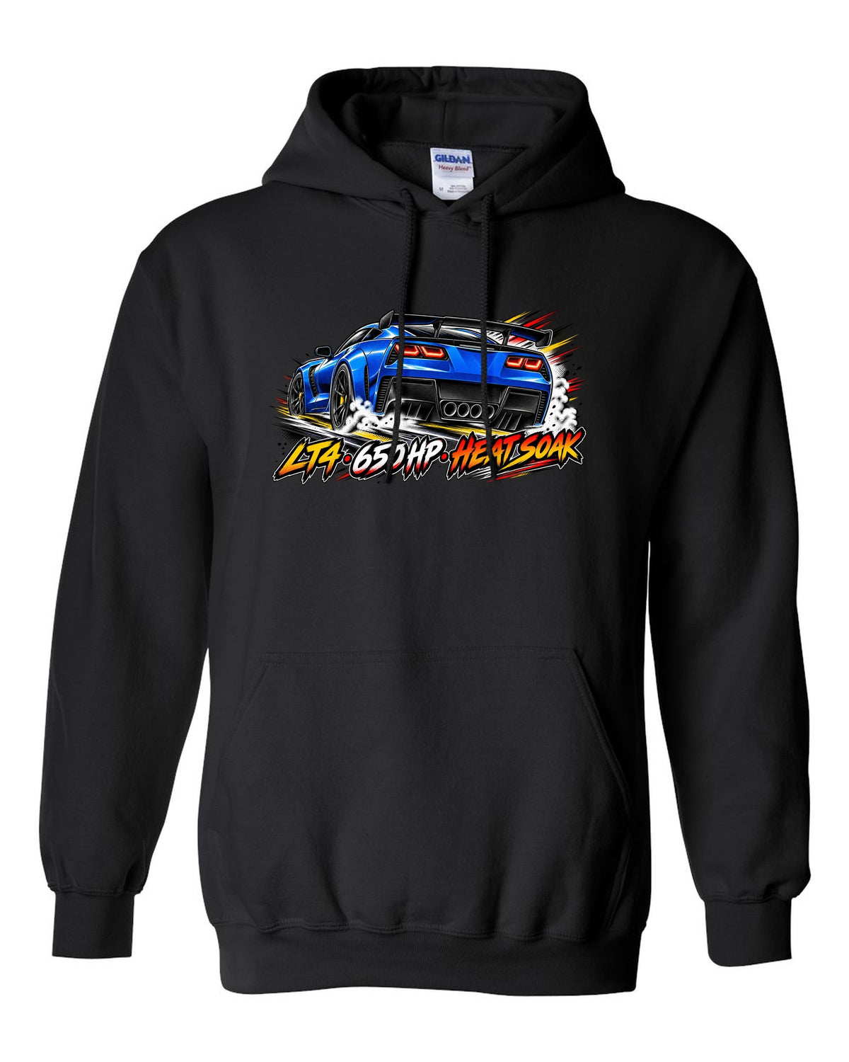 Retro manga halftone panel print of a 2016 Chevrolet Corvette C7 Z06 with LT4 650 HP heat soak lettering black pull over hoodie front view with the design