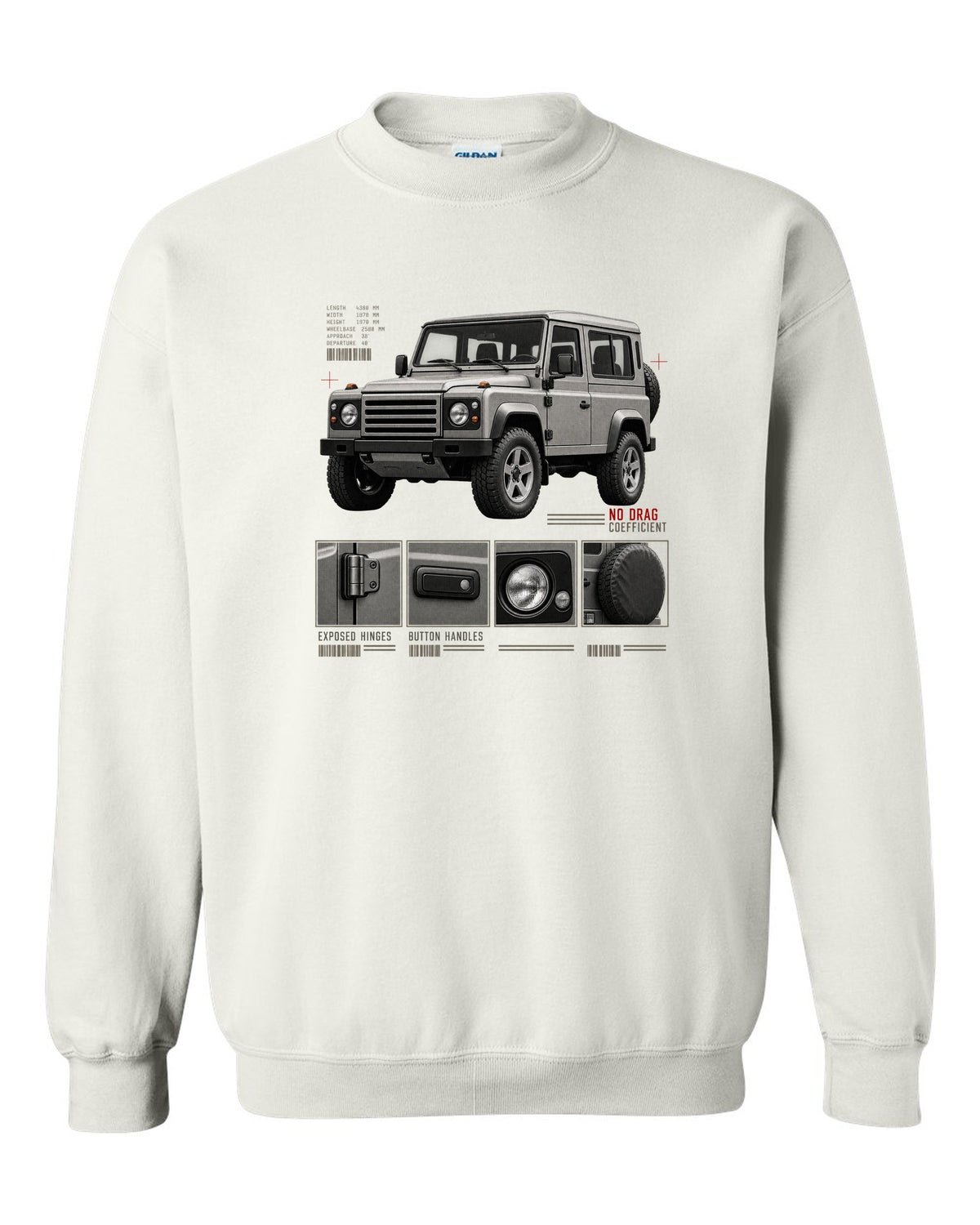 Dossier panel print of a Mercedes G-Class W463 listing exposed hinges and button handles white crewneck front view with the design
