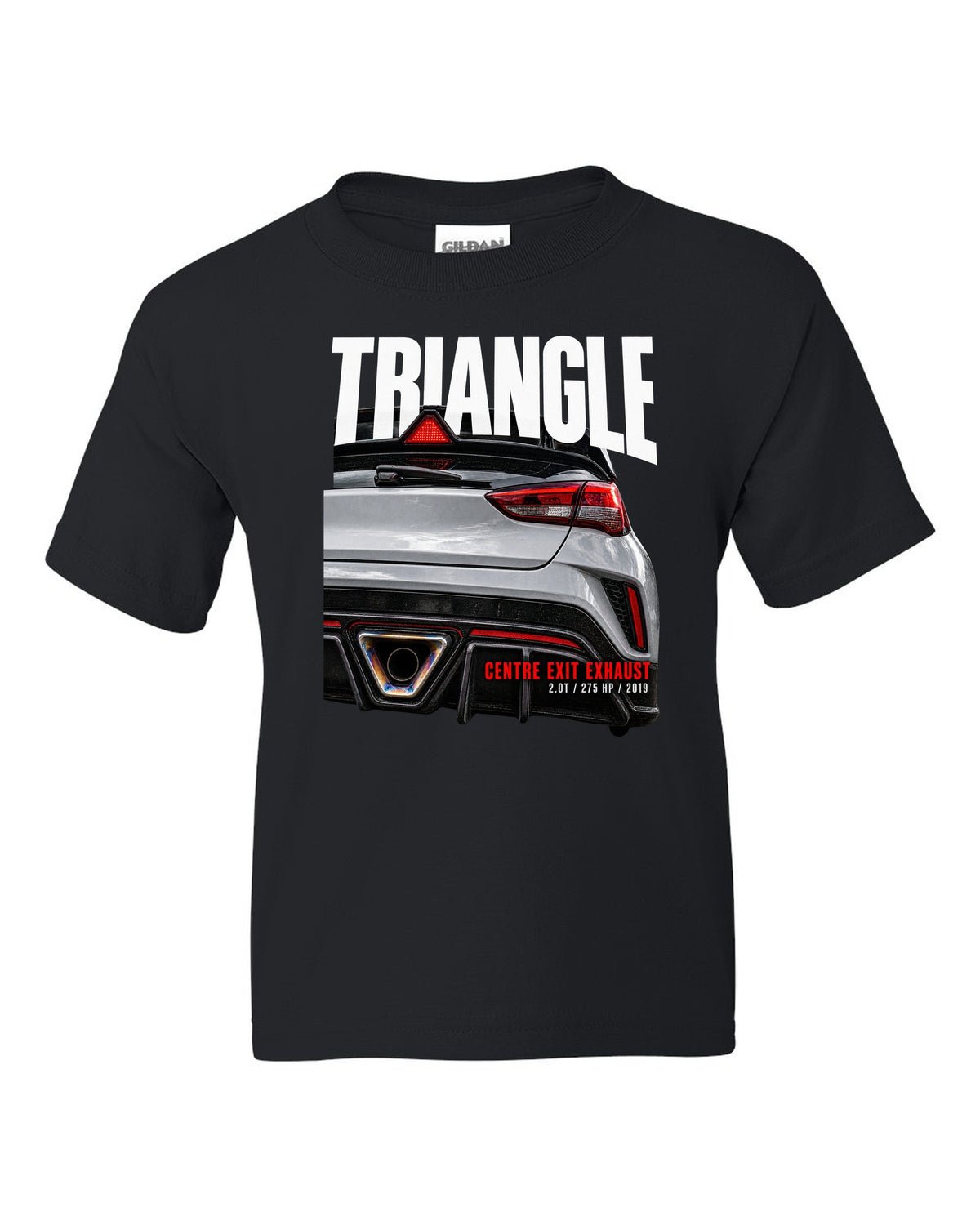 Rear macro of Hyundai Veloster N JS showing triangle and centre exit exhaust black kids tee front view with the design