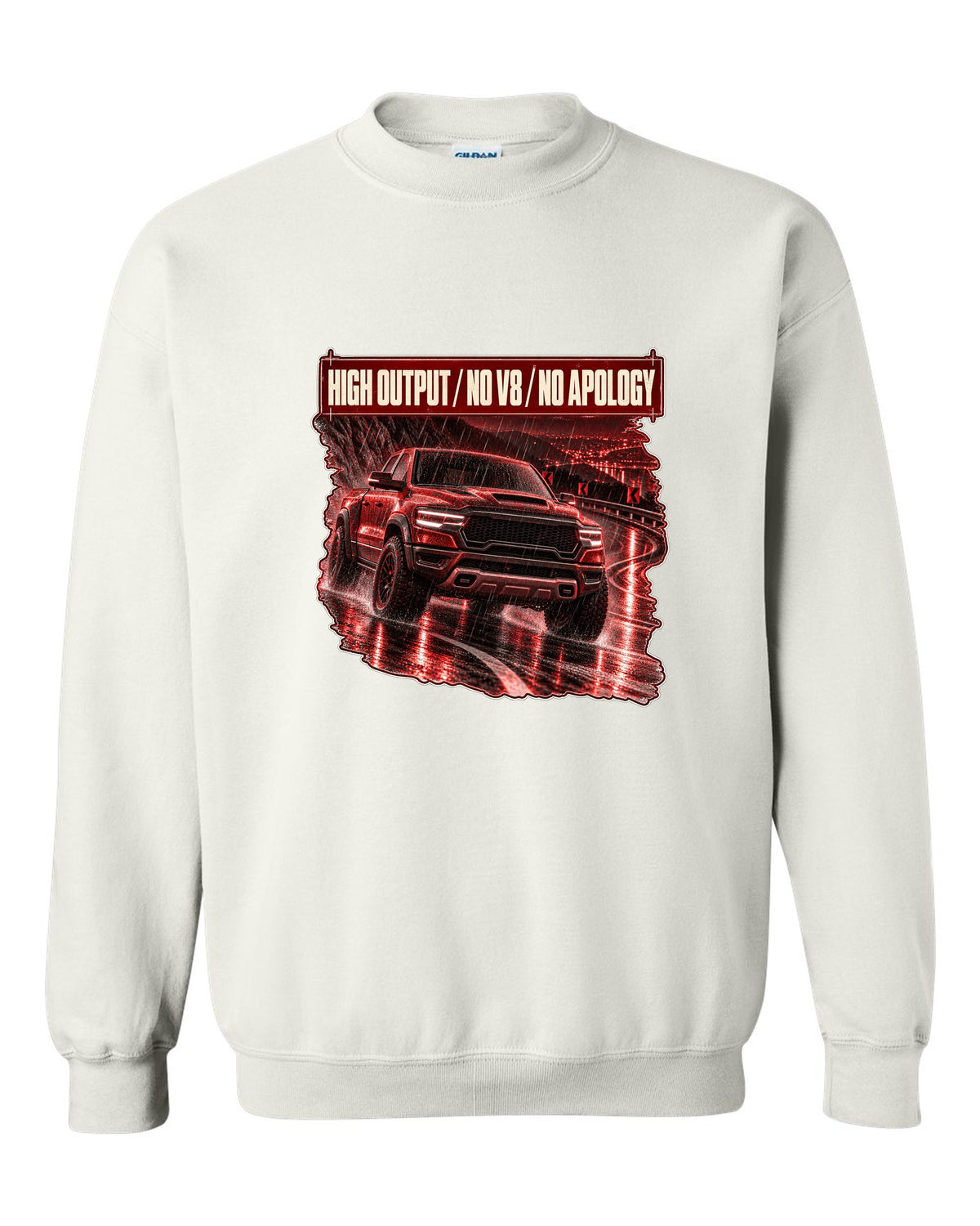 Ram 1500 RHO 2025 night street poster print white crewneck front view with the design