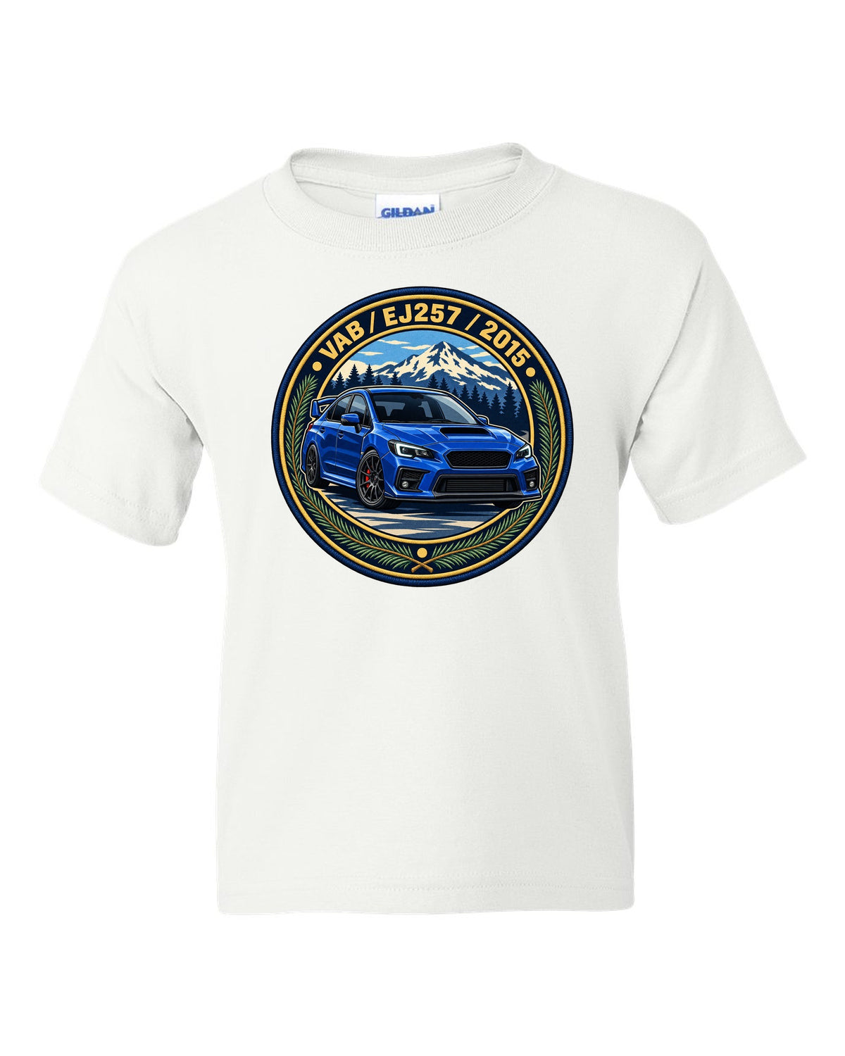 Subaru WRX STI VAB round varsity crest print, VAB / EJ257 / 2015 white kids tee front view with the design
