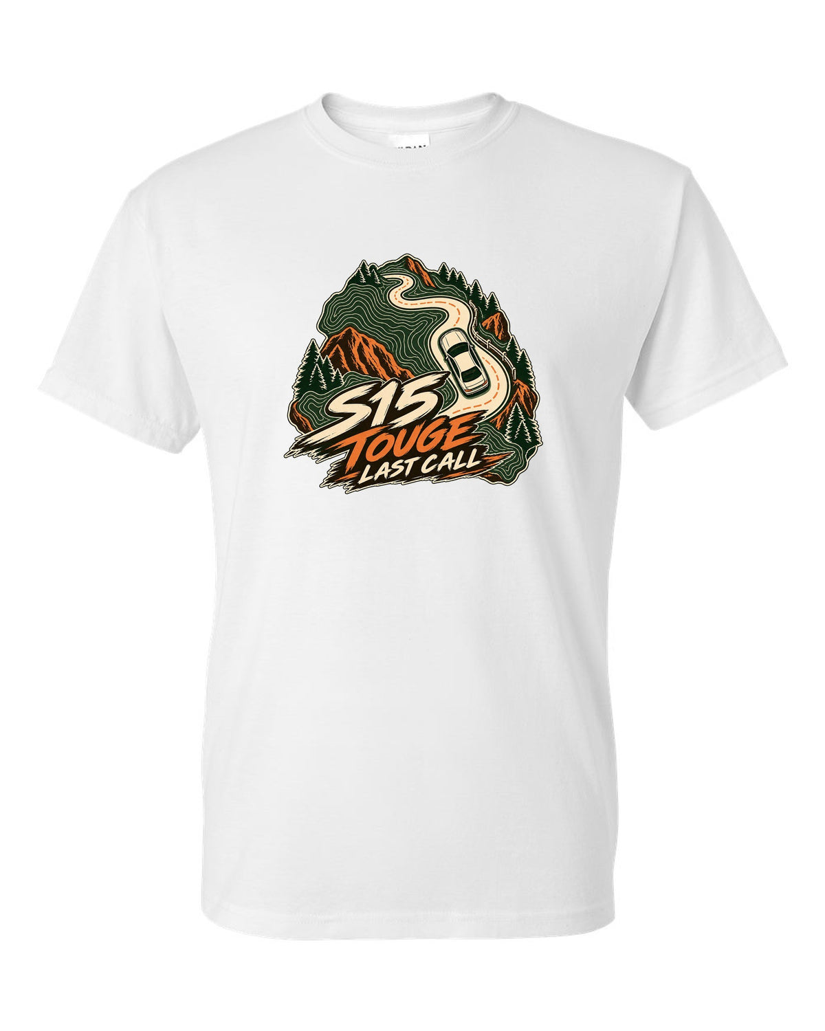 Topographic contour map line art of a mountain road with a Nissan Silvia S15 white t-shirt front view with the design