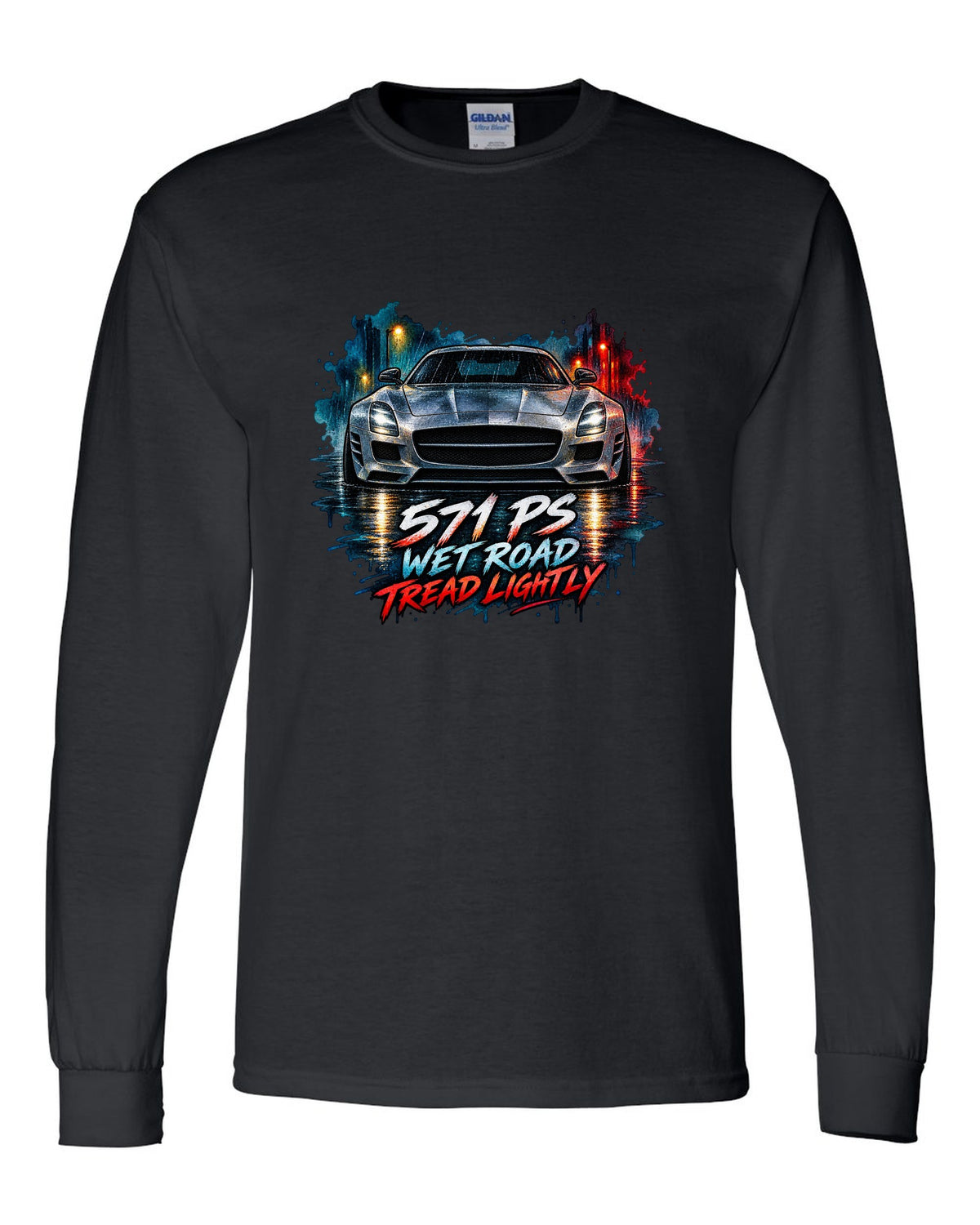 Watercolour illustration of a Mercedes SLS AMG C197 on a wet night road with 571 PS text black long sleeve front view with the design