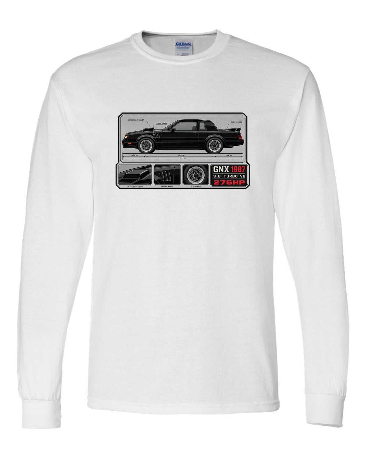 1987 Buick GNX datasheet spec layout with 3.8 turbo V6 and 276HP text white long sleeve front view with the design